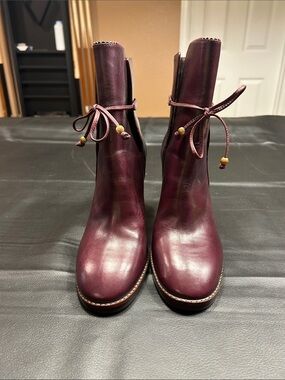 Tory Burch Burgundy Leather Lace-Tie Ankle Boots